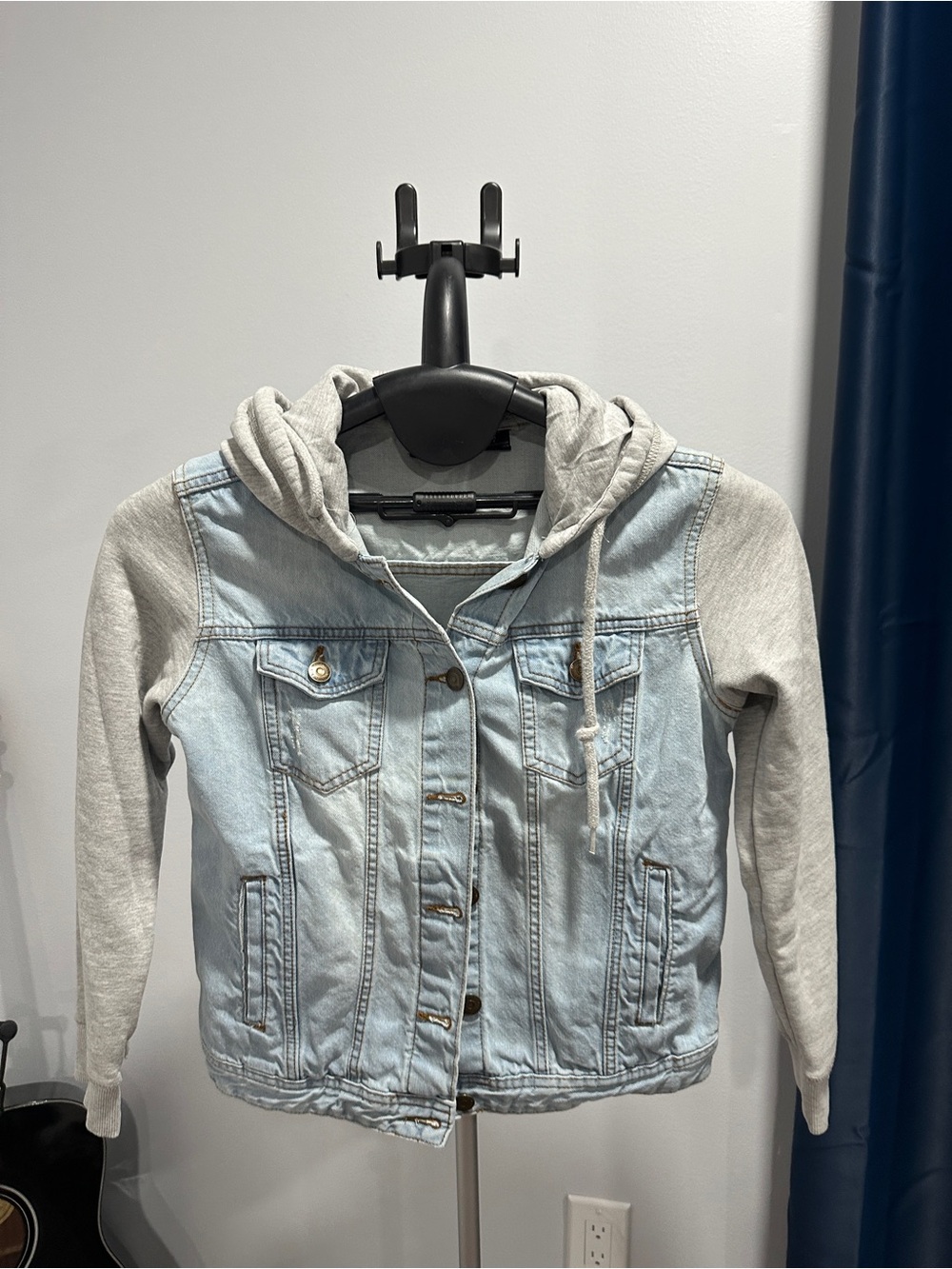 Women Light Blue Denim Jacket with Gray Hoodie Sleeves